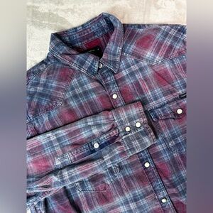 Lucky Brand Shirt Mens M Flannel Red Plaid Western Snap Long Sleeve Classic‎ Fit